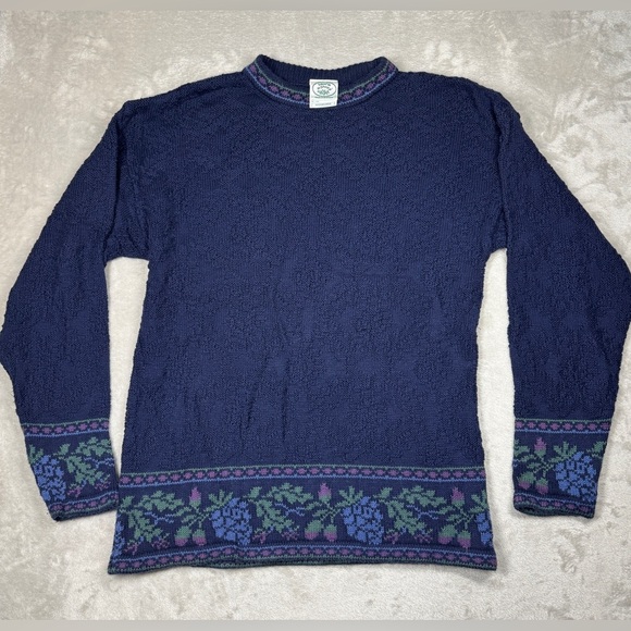 Vintage Laura Ashley Knit 100% Cotton Navy Blue Purple Floral Grape Sweater M/L - Picture 1 of 14